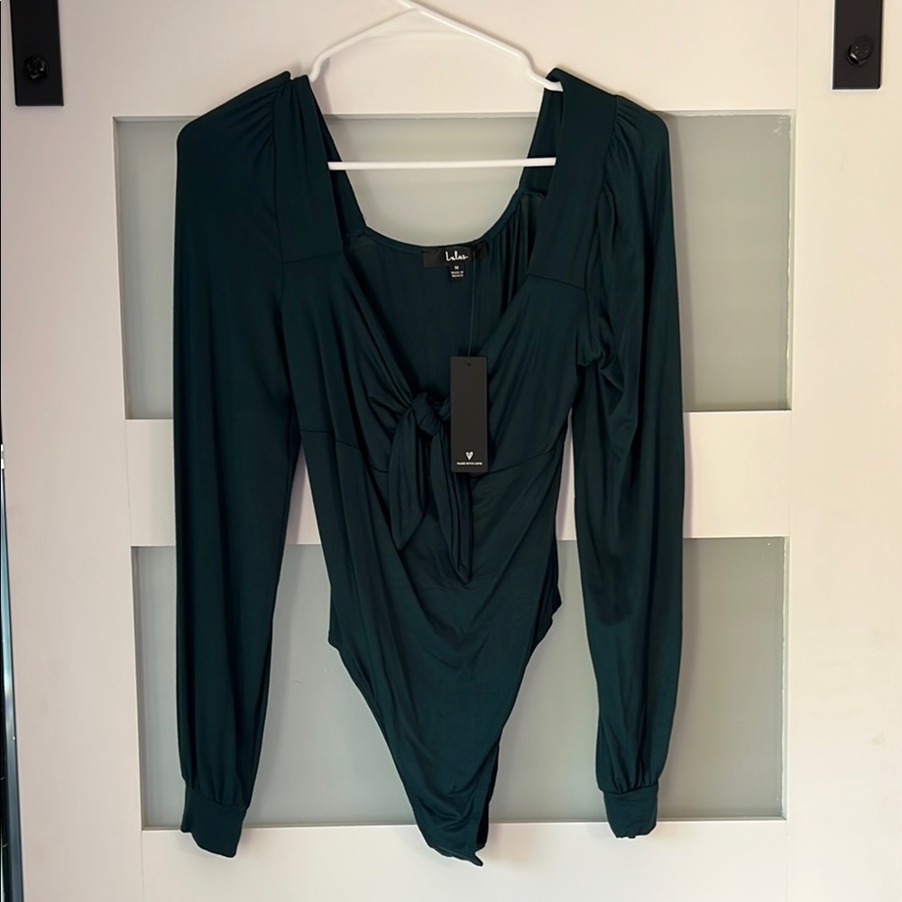 Lulu’s Tie Fidelity Dark Green Tie-Front Bodysuit